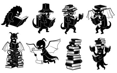 Huit silhouettes de chauves-souris lisant des livres, isolées sur fond blanc.
