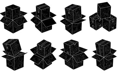 Set of abstract black cardboard boxes with wavy patterns isolated on white background
