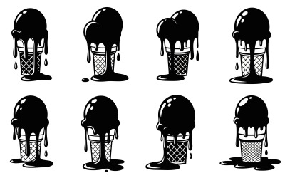 Set of eight melting ice cream cones dripping black dessert graphic isolated on white background