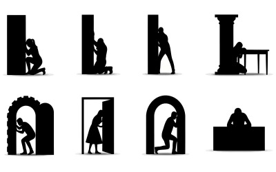 Silhouette Figures in Various Praying Positions isolated on white background