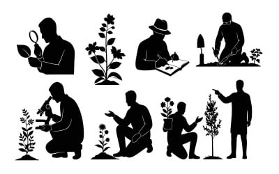 Silhouette gardeners working with plants isolated on white background