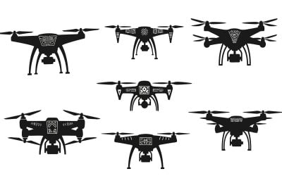 Siluetas de drones negros, diseño plano, aisladas sobre fondo blanco