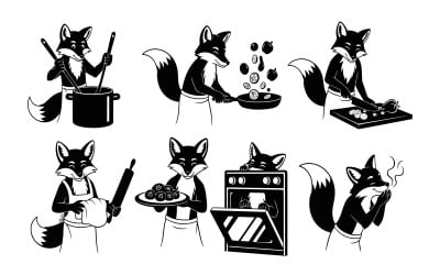 Simpatiche sagome nere di volpi che cucinano attività in cucina, grafica piatta isolata su sfondo bianco