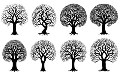 Stylized black decorative trees with intricate branches illustration isolated on white background