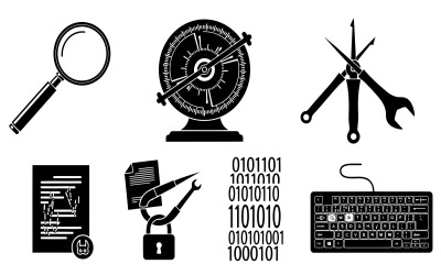 Various black flat vector icons representing digital data and security isolated on white background
