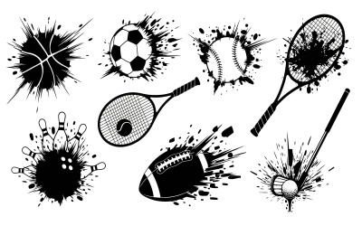 Zwart-wit illustratie van sportartikelen met een dynamische inktspat, geïsoleerd op een witte achtergrond.