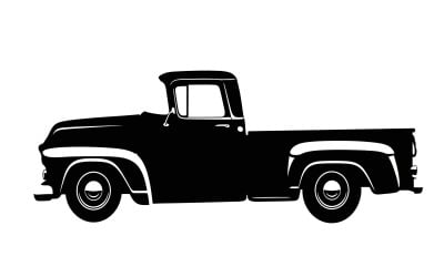 Black silhouette of a classic pickup truck against a isolated on white background