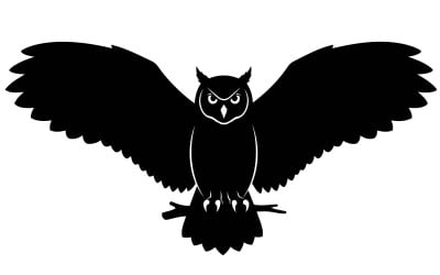 Black silhouette of an owl with wings spread isolated on white background