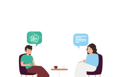 Illustration einer empathischen Therapeutin, die einen Patienten in einer Therapiesitzung berät