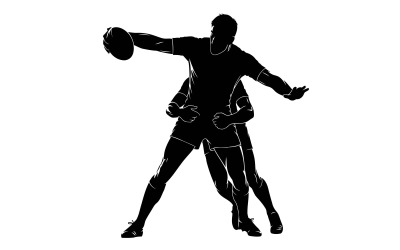 Schwarze Silhouette eines Rugby-Spielers, der den Ball wirft, während er getackelt wird, isoliert auf weißem Hintergrund