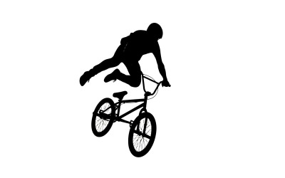 Silhouet van een man die een stunt uitvoert op een BMX-fiets in de lucht, geïsoleerd op een witte achtergrond.