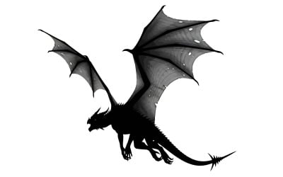 Beyaz arka plan üzerinde uçan siyah ejderha silueti.