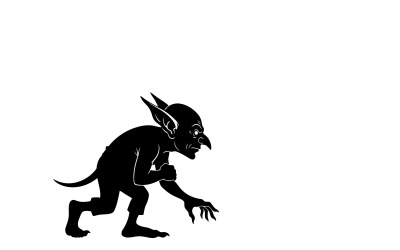 Black silhouette of a mythical creature with pointed ears and tail isolated on white background