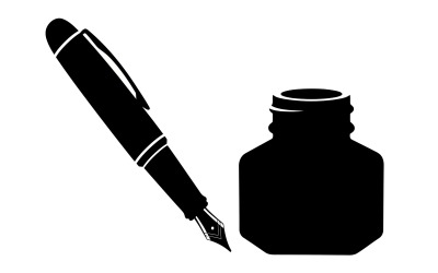 Black silhouette of fountain pen and ink bottle isolated on white background