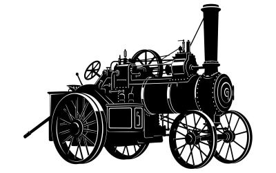 Black silhouette of vintage steam tractor isolated on white background