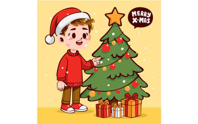 Cartoon Boy Standing Beside Christmas Tree