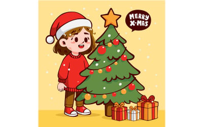 Cartoon Girl Standing Next to Christmas Tree