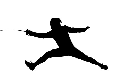 Fencer in dynamic pose with sword Silhouette isolated on white background