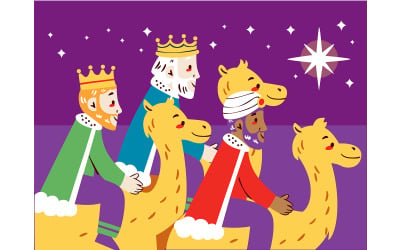 Group of Men Riding Camels in Cartoon Style