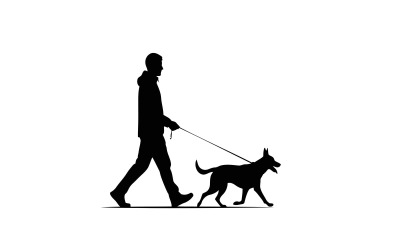 Man walking dog silhouette black shadow profile isolated on white background