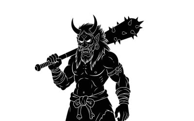 Muscular demon warrior holding spiked club in silhouette isolated on white background