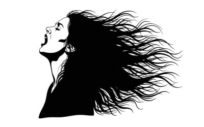 Silhouette d&amp;#39;une femme aux longs cheveux flottant au vent, isolée sur fond blanc