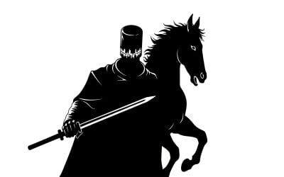 Silhouette of a knight on horseback with sword isolated on white background