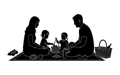 Family picnic silhouette on blanket with food isolated on white background