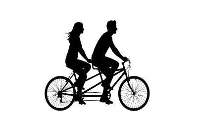 Silhouette of couple riding tandem bicycle in profile isolated on white background