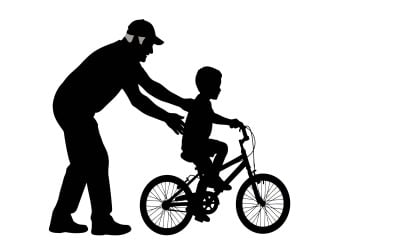 Silhouette of man helping child ride bicycle outdoors isolated on white background