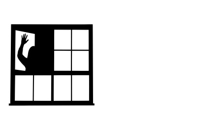 Silhueta de uma pessoa acenando de uma janela com seis painéis, design plano isolado em fundo branco.