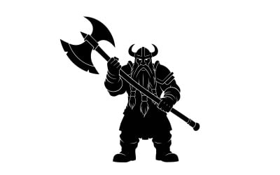 Zwarte silhouet van een gespierde Vikingkrijger met een strijdbijl, geïsoleerd op een witte achtergrond.