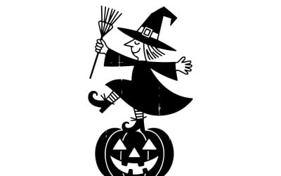 cute whimsical quirky witch with witch hat dancing on a pumpkin