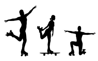 Dynamic skateboard tricks and jumps in bold black silhouettes isolated on white background