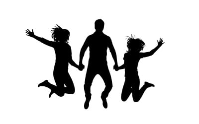 Family joy silhouette of adult and children jumping together in isolated on white background