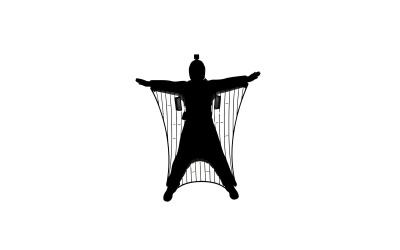Human silhouette with outstretched wings in dramatic gliding pose isolated on white background