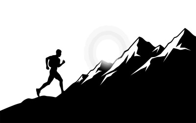 剪影跑者在发光的背景下攀登崎岖的山峰，背景为白色