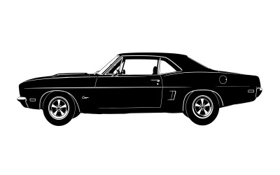 Klasyczny czarny kabriolet typu muscle car z pasami wyścigowymi i chromowanymi elementami na białym tle