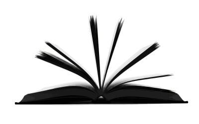 Libro aperto con elegante disegno di piume bianche e nere sulle pagine, isolato su sfondo bianco