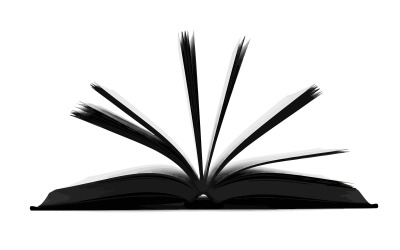 Livro aberto com elegante desenho de penas em preto e branco nas páginas, isolado em fundo branco.