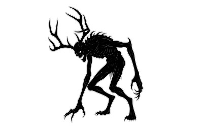 Mysterious antlered shadow creature in motion against stark contrast isolated on white background