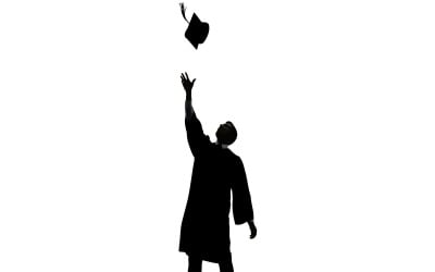 Silhouette of person in coat joyfully tossing hat into the sky isolated on white background