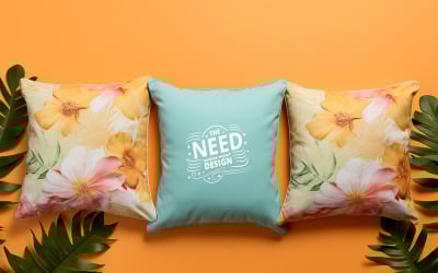 Vibrant Tropical Floral Pillow Mockup PSD for Interior and Fabric Branding with Smart Object