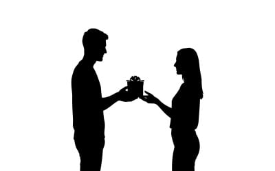 Man presenting a beautifully wrapped gift to a woman in elegant isolated on white background