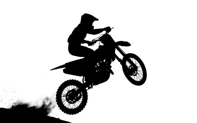 Motokros sürücüsünün toprak motosikletiyle havada yaptığı bir atlayışı beyaz arka plan üzerinde izole edilmiş halde gösteren aksiyon görüntüsü.