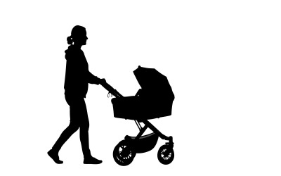 Parent pushing child in modern stroller during an evening walk isolated on white background