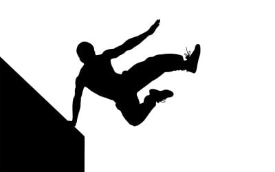 Silhouette d&amp;#39;une personne en plein saut périlleux depuis le bord d&amp;#39;une falaise abrupte, isolée sur fond blanc.