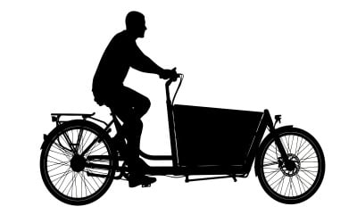 Silhouette of cyclist transporting goods on utility bike cargo isolated on white background