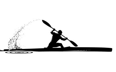 Silhouette of kayaker navigating through powerful water splashes at isolated on white background