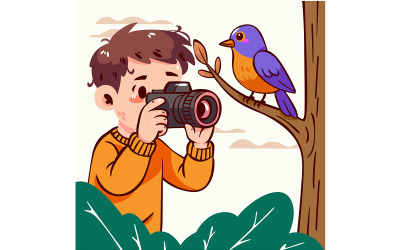 Cartoon Boy Taking Picture of Bird
